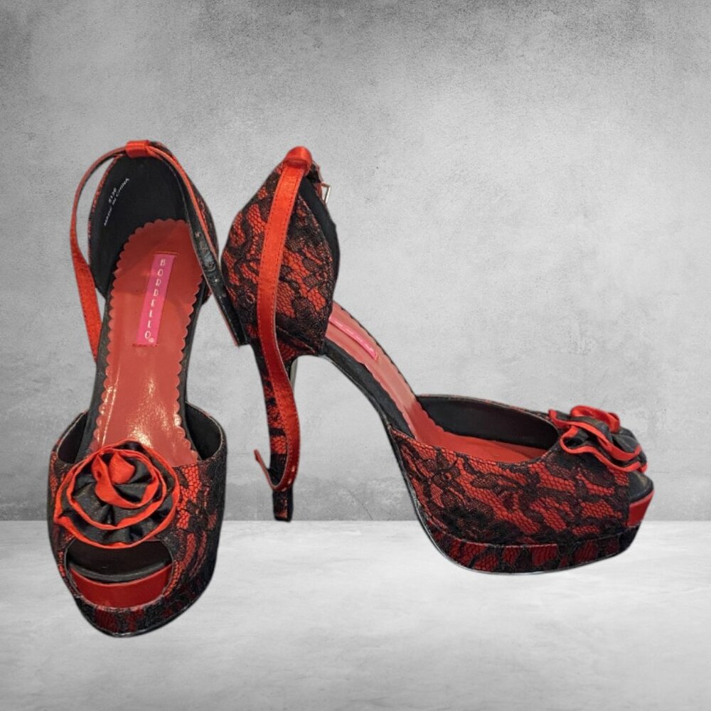 NEW BORDELLO -- Platform Stilettos, Red Satin w/Black Lace Overlay, Peep Toe